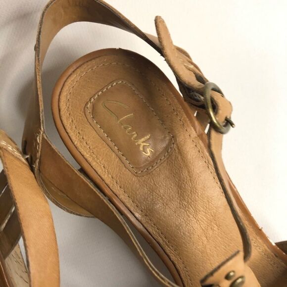 Clarks Strappy T Strap Open Toe Cork Wedges - Picture 3 of 7
